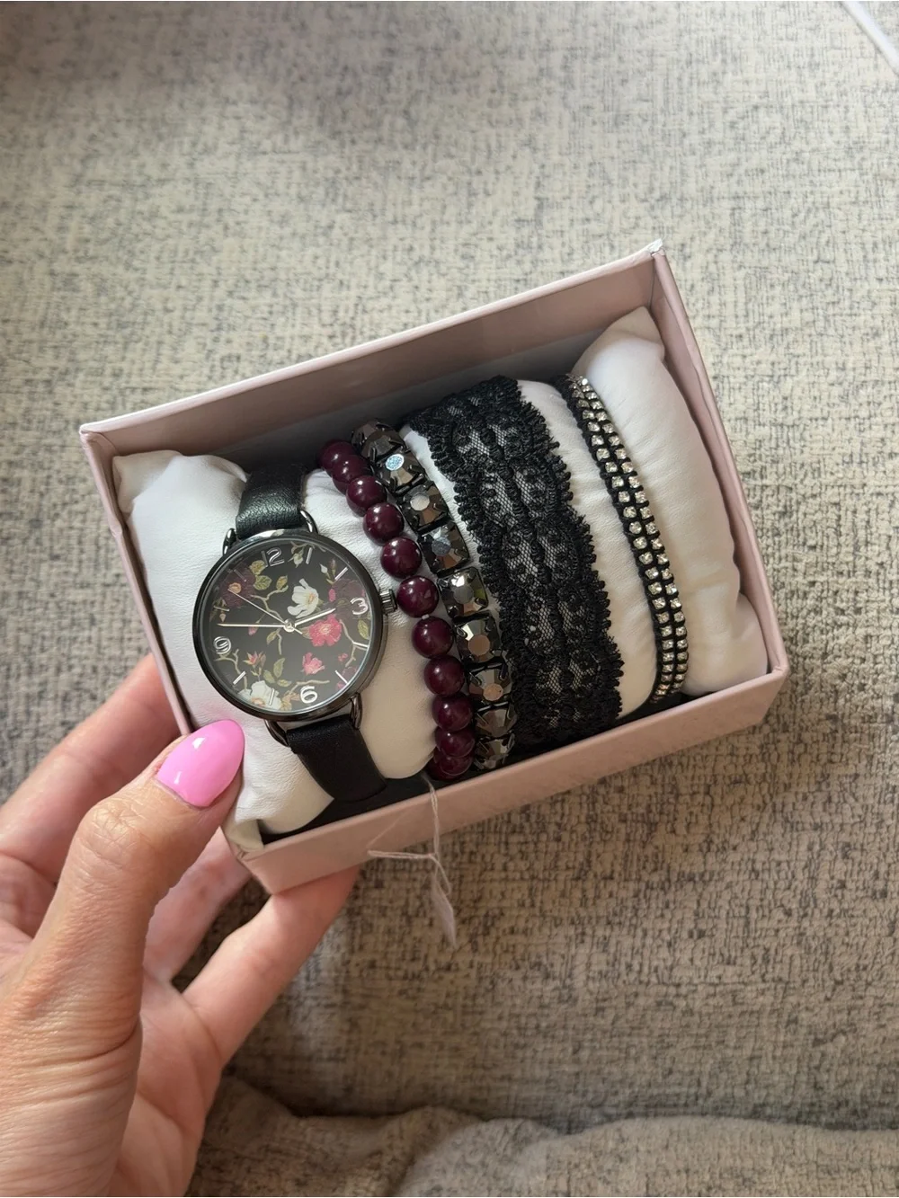 New Floral Watch & 4 Bracelet Stack Set Black Burgundy Rhinestone Lace